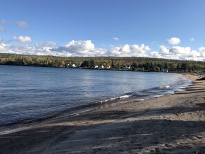 On the beach, sun loungers, beach towels