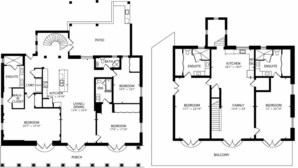 A floor plan of a hotel with multiple bedrooms, a living/dining area, a balcony, and a patio. - Southern Jewel  - Vacation Home Near the Beach with Private Pool & Outdoor Space (Destin)