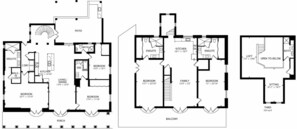 A floor plan of a hotel with multiple bedrooms, a living/dining area, a balcony, and a patio.