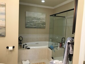 Tina con regadera, secadora de cabello, bidet, toallas 