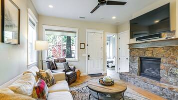 TV, fireplace, books, stereo