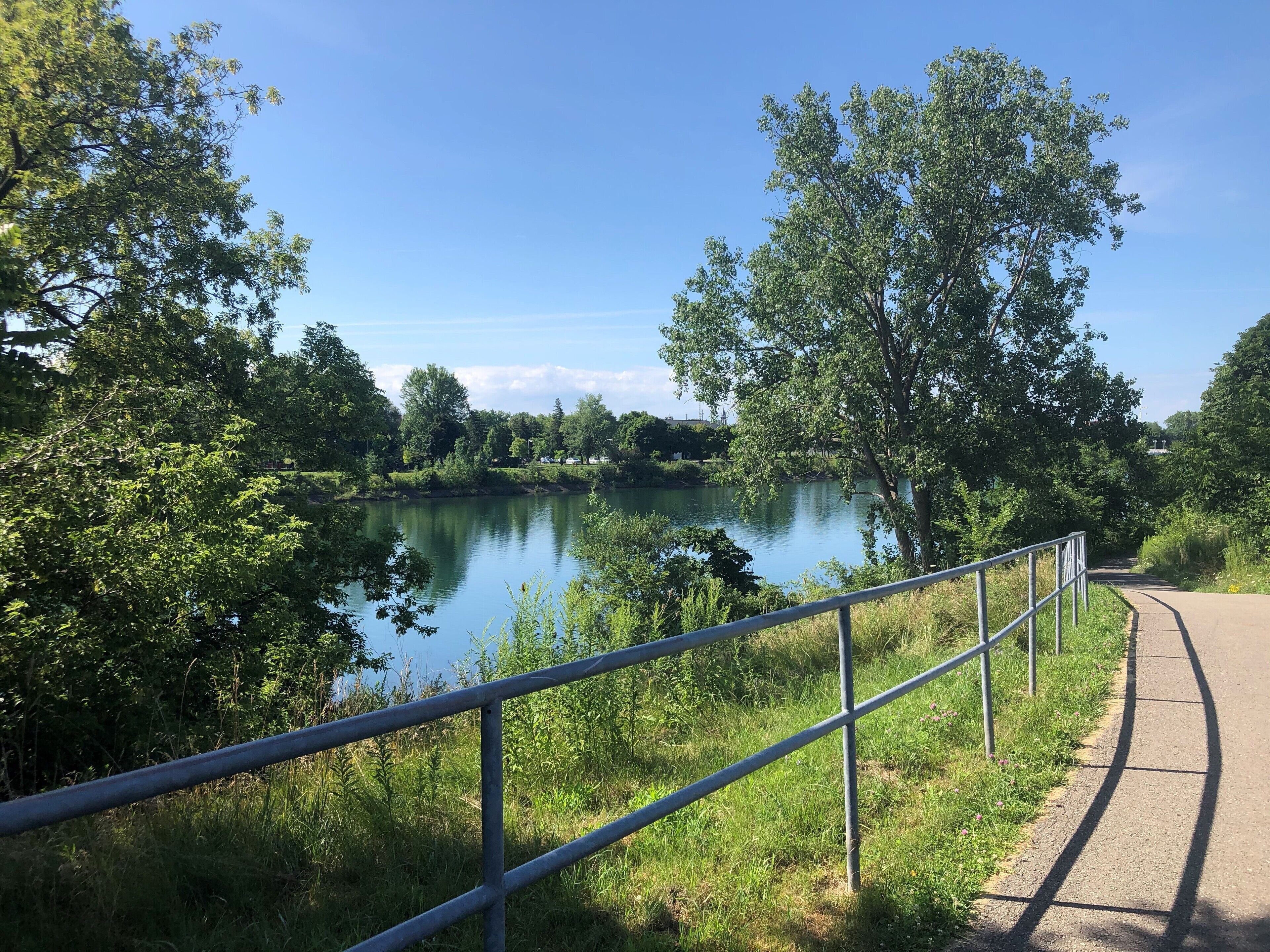A paved walkway alongside a calm lake, bordered by lush greenery and trees.
