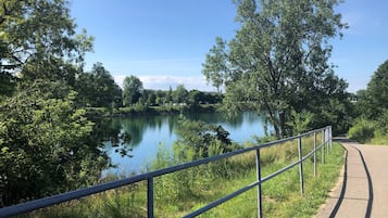 A paved walkway alongside a calm lake, bordered by lush greenery and trees.