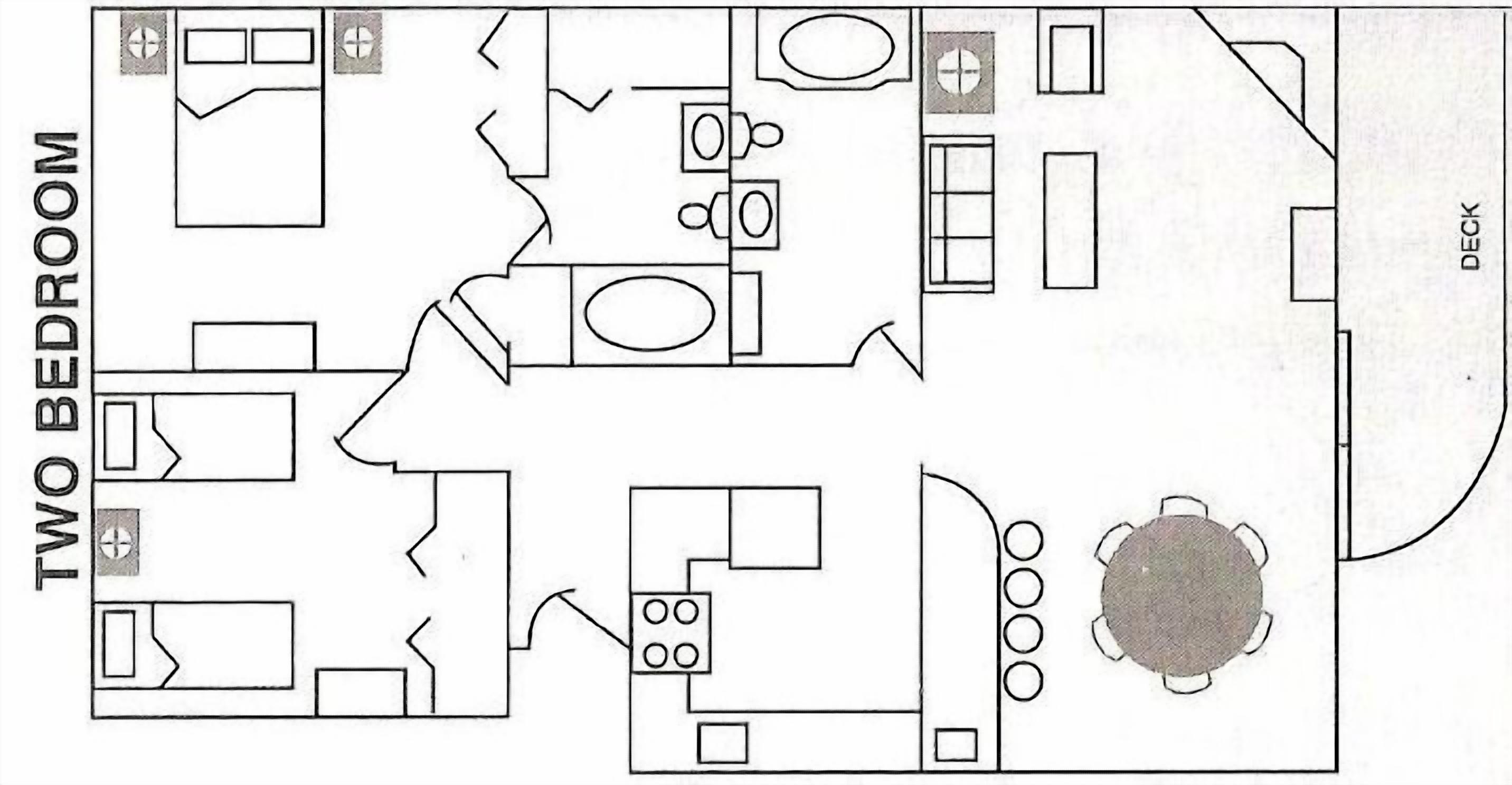 A two-bedroom layout with a kitchen, dining area, and a deck.