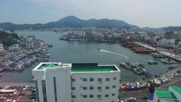 A high-rise hotel with multiple floors, a marina with boats, and a cityscape with mountains in the background. - Hotel Napoli (Tongyeong)