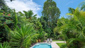 Piscina retangular rodeada por vegetação exuberante e palmeiras.