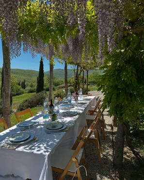 An outdoor dining area with a long table set for a meal, surrounded by trees and a scenic view. - An elegant "citron" house on a typical Tuscan farm. (Anghiari)