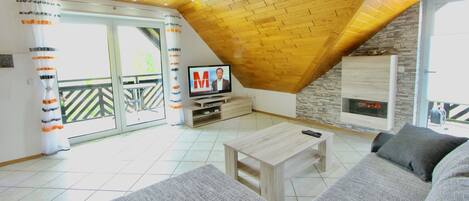 Smart TV, fireplace, DVD player, stereo