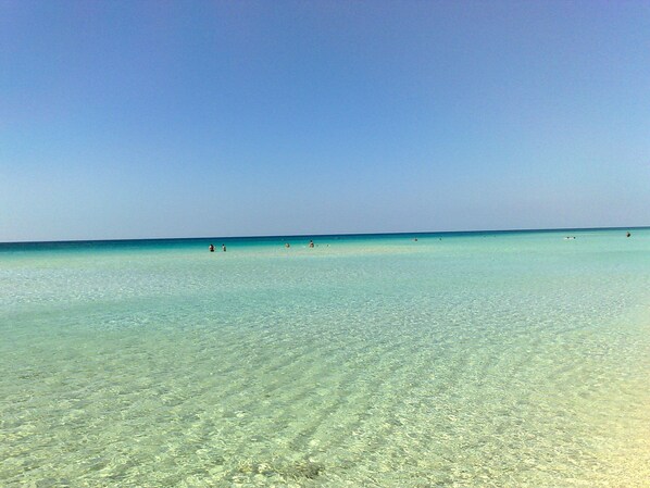 Una playa con agua cristalina poco profunda y algunas personas a lo lejos.
