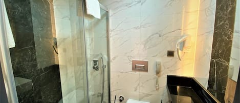 A modern bathroom with a glass-enclosed shower, a toilet, and a sink.