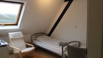 A small, single-bed room with a sloped ceiling, a window, a chair, and a desk.