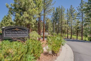 Arrive at Solstice, surrounded by lush greenery and tall pine trees, with a convenient driveway for easy access.