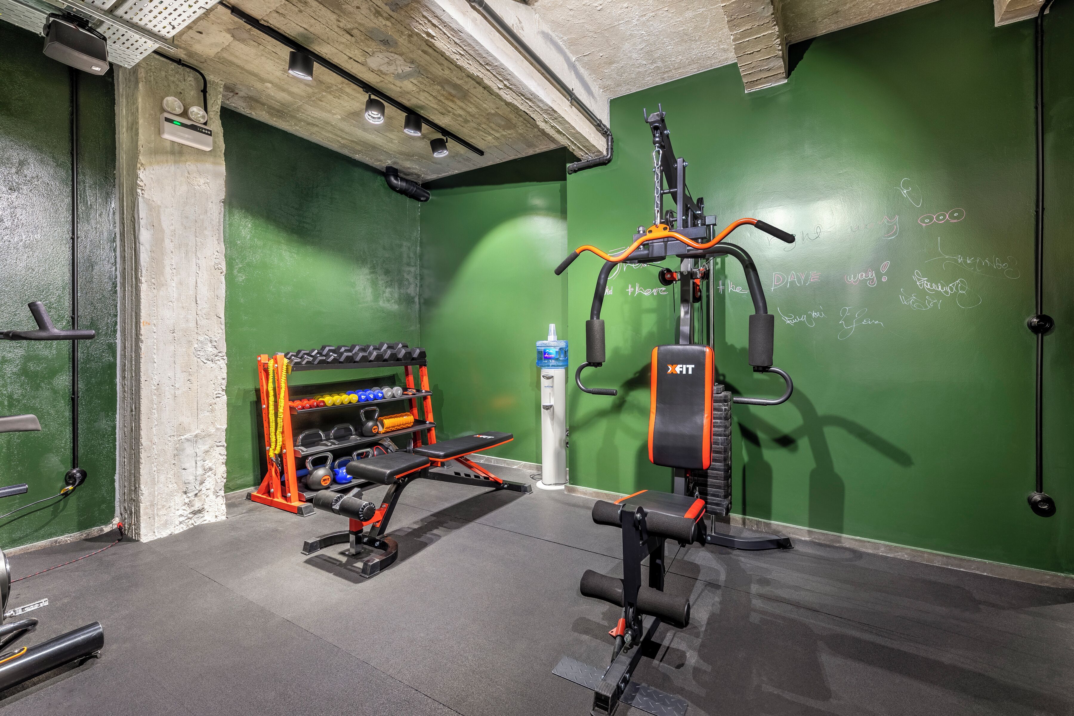 A gym with weightlifting equipment, a bench, and a squat rack.