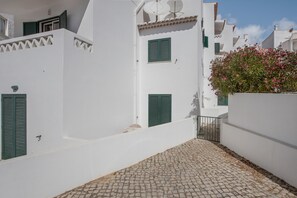 A narrow cobblestone street between white buildings with green shutters and a small garden with pink flowers.