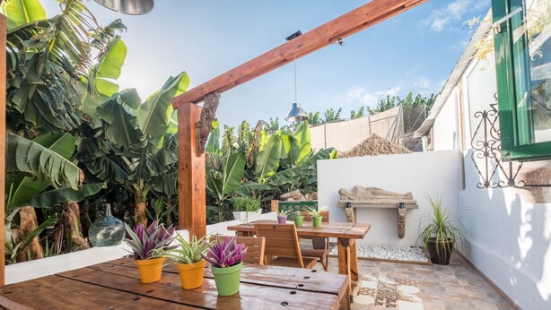 A wooden pergola, a wooden table with potted plants, and a tiled patio area. - Cosy Holiday Home "Casa Sabina" in Alcalá with Terrace, Sea Access and Garden (Guía de Isora)