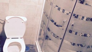 Ein Badezimmer mit Toilette, gefliesten Wänden und einer Duschkabine mit Glastüren.