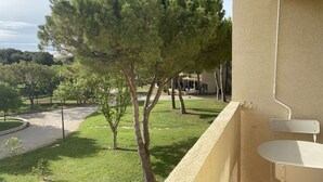 A balcony with a view of a green lawn, trees, and a building in the background. - Equipped studio with parking in Balaruc-les-Bains (Balaruc-les-Bains)