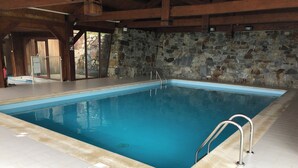 An indoor swimming pool with stone walls and a tiled floor. - 4-person apartment, at the foot of the slopes, Ariège (Ustou)