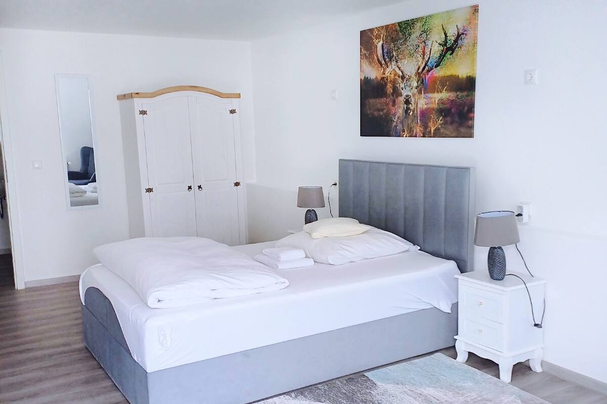 A modern bedroom with a large bed, a wardrobe, a bedside table with lamps, and a painting on the wall.