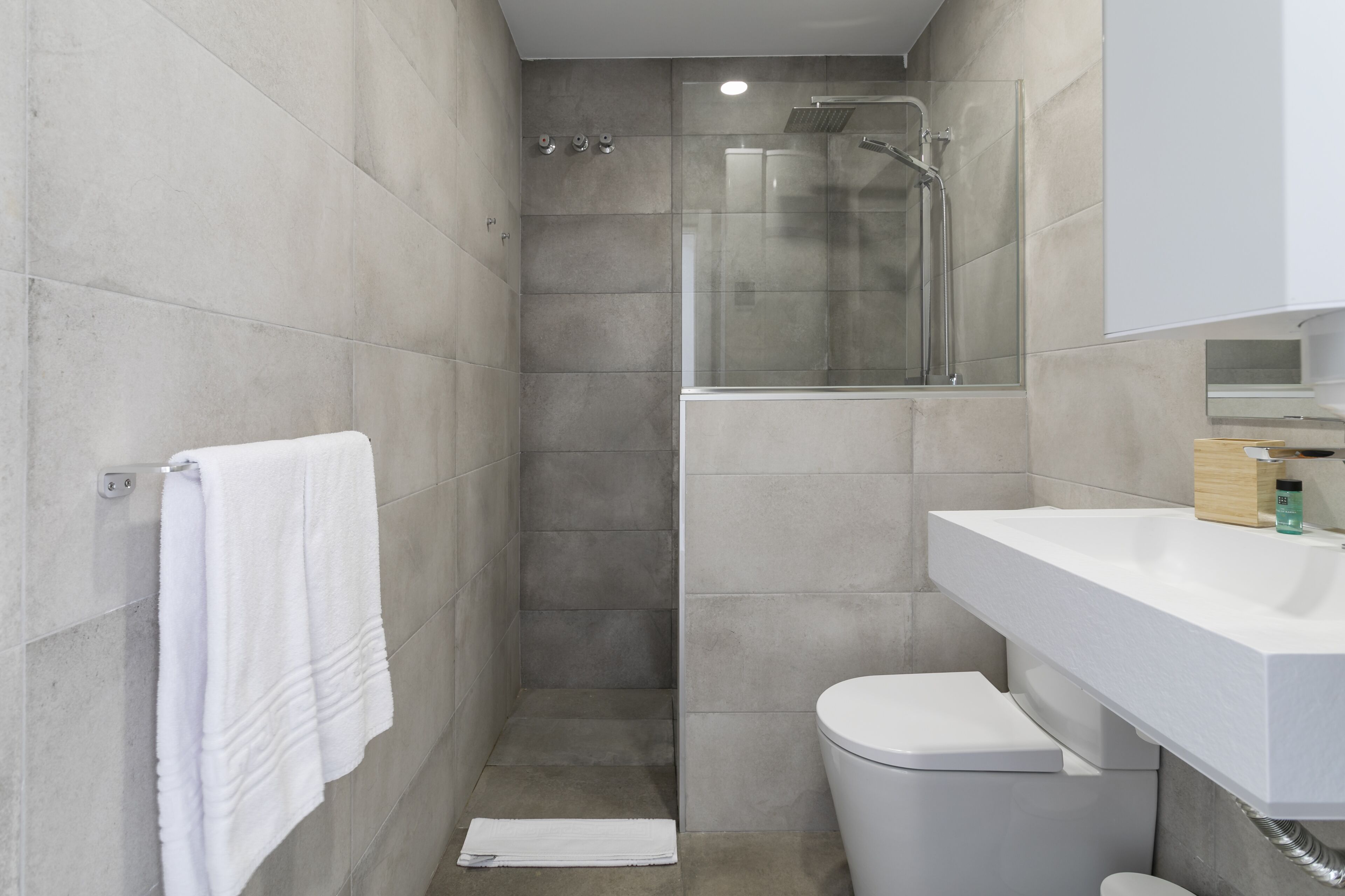 Un baño moderno con ducha envuelta en vidrio, un lavamanos blanco y un inodoro.