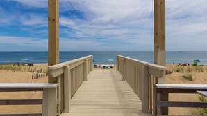 A wooden boardwalk leading to a beach with umbrellas and people in the distance. - Beach Baby - Kitty Hawk MP 2.5, Oceanfront, 3 Bedrooms, Best Views on the OBX, Pets OK (Kitty Hawk)
