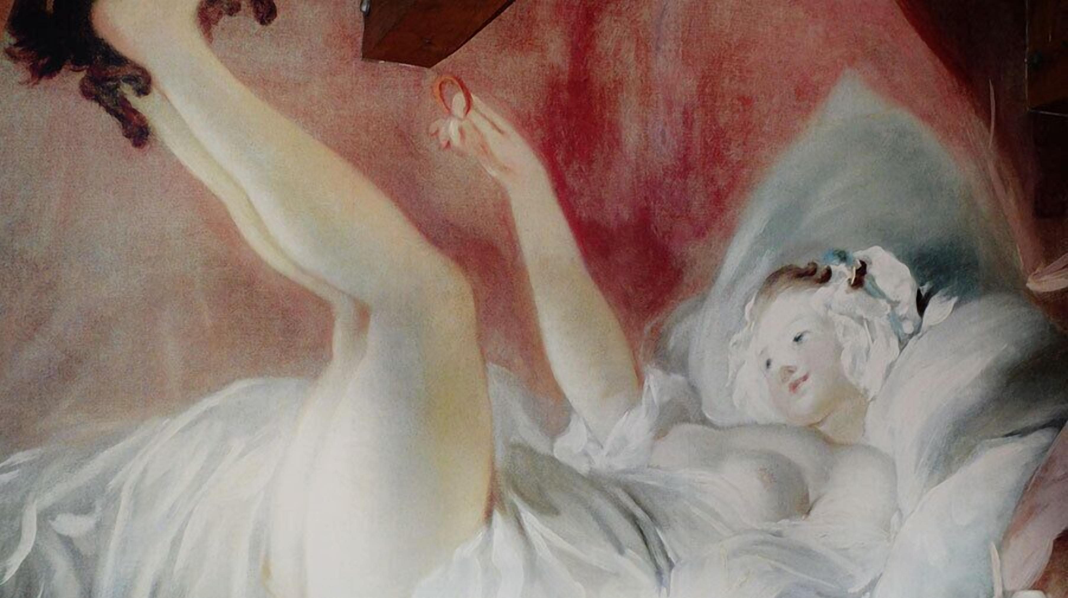 Una habitació amb un llit, una tauleta de nit i una pintura penjada a la paret.