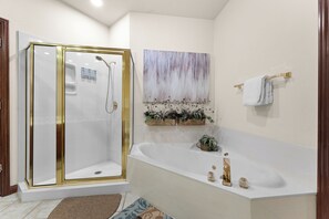 Combined shower/bathtub, jetted bath, hair dryer, towels