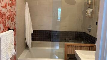 Hair dryer, towels, shampoo, toilet paper