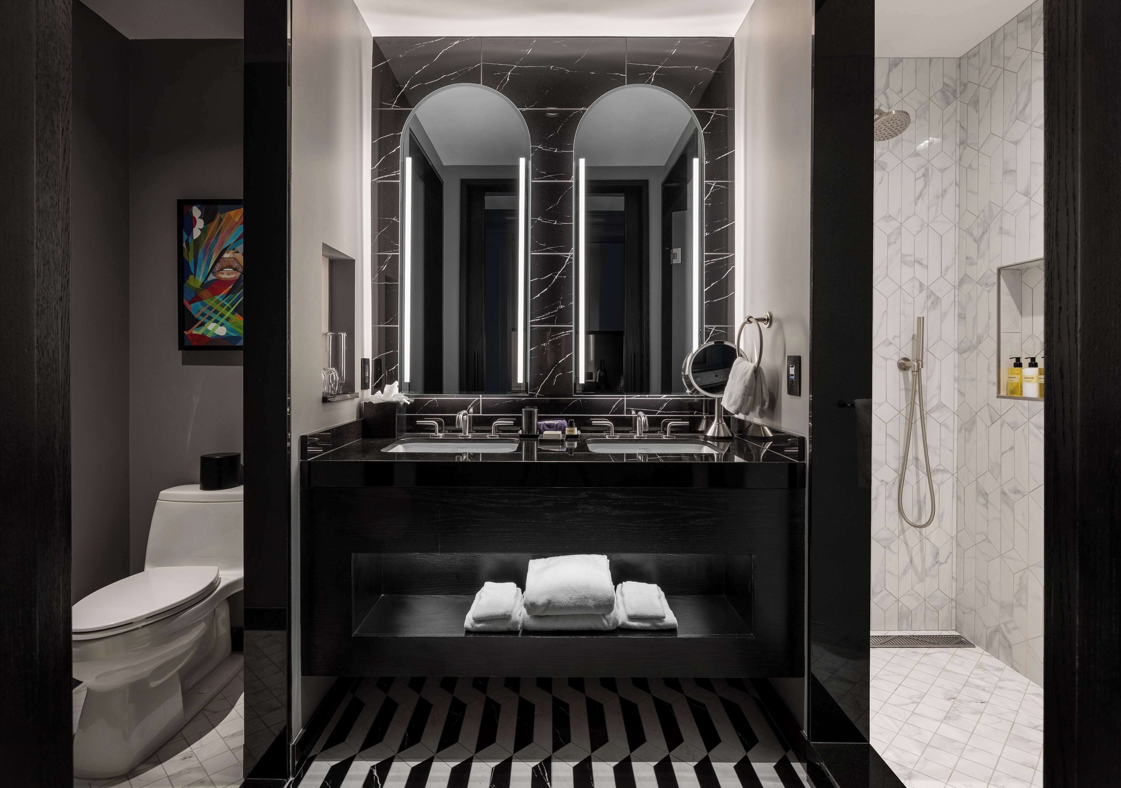 shower, designer toiletries, hair dryer, bathrobes