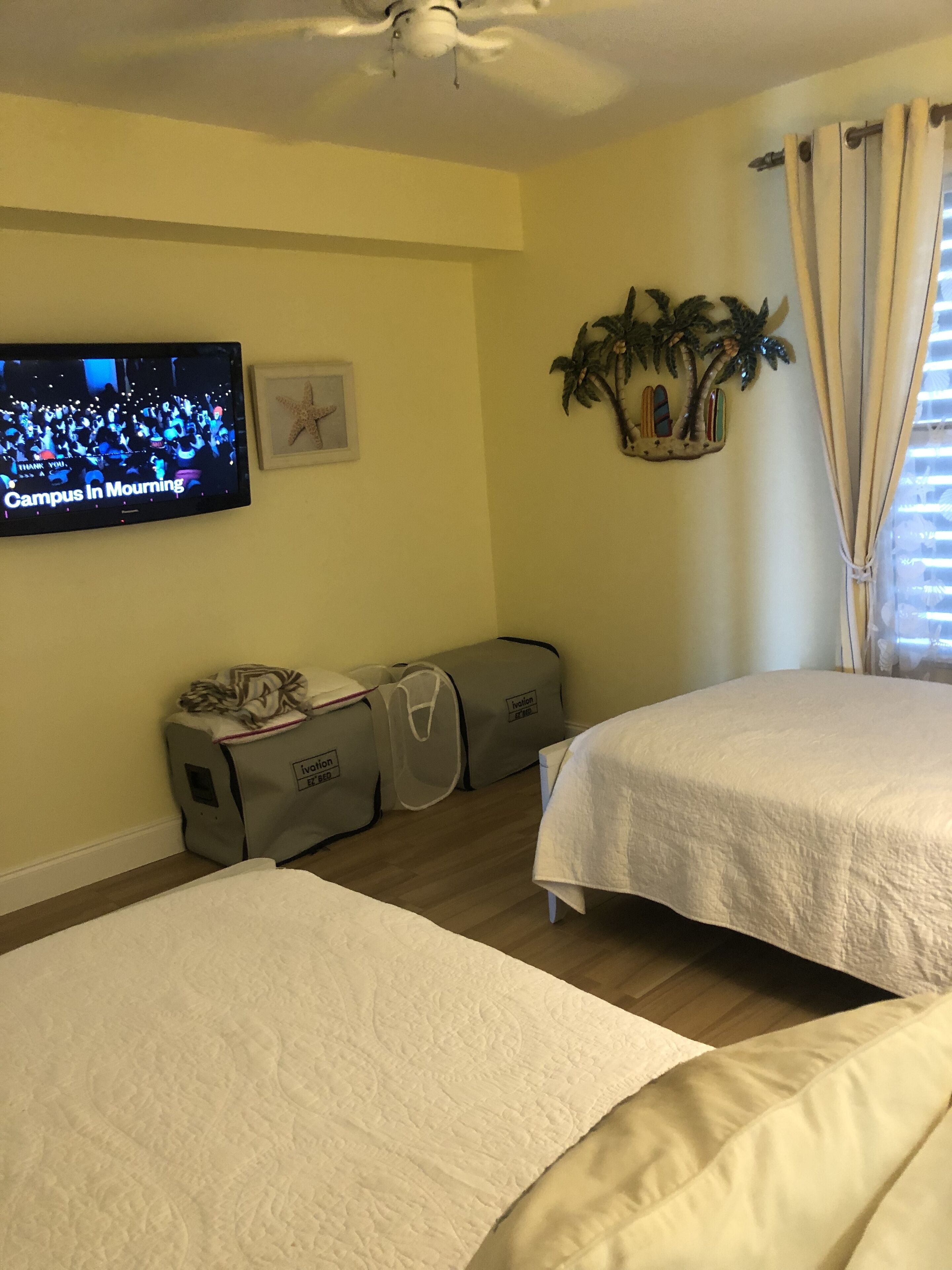 Een hotelkamer met twee bedden, een plafondventilator, een televisie aan de muur en een klein plantje.
