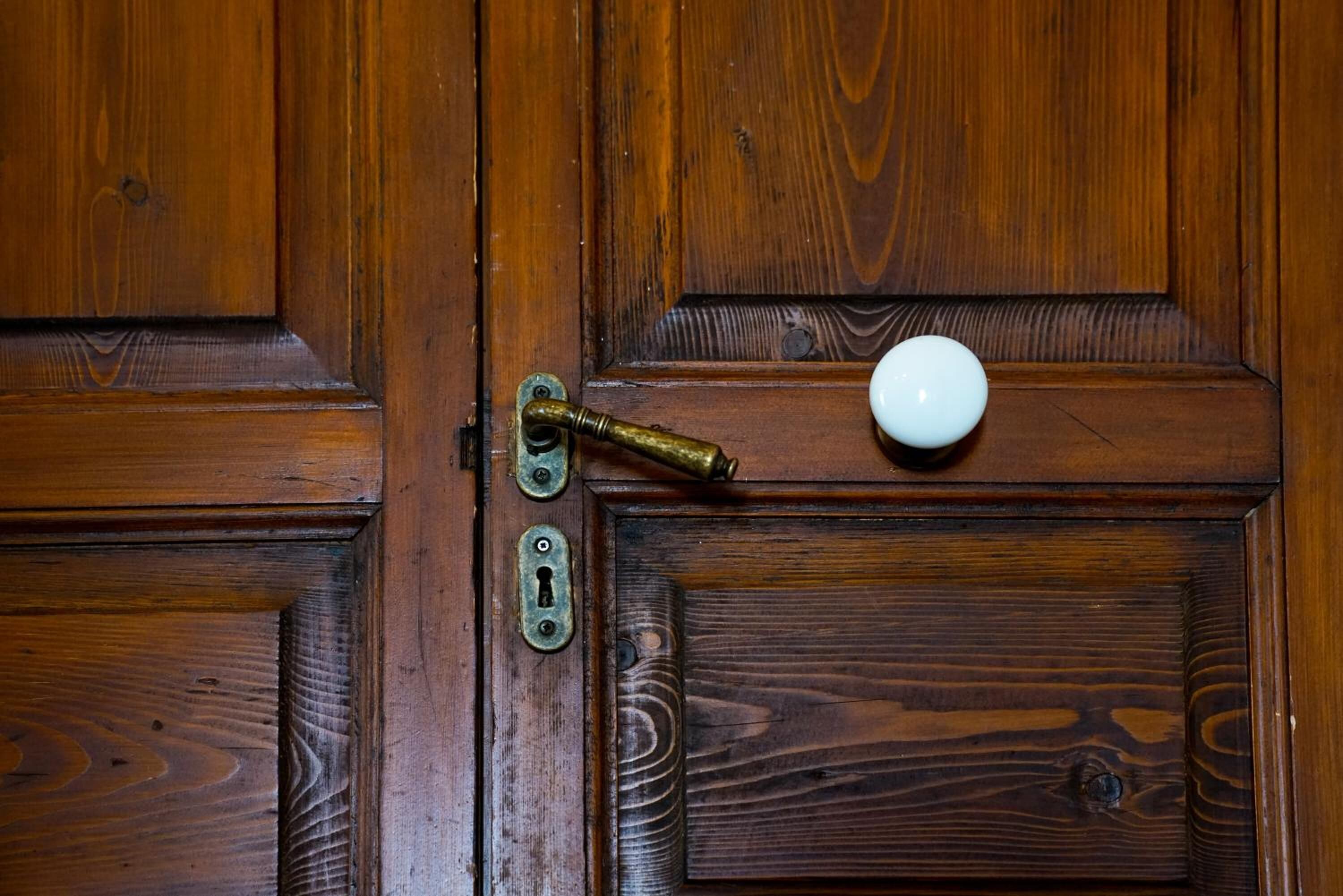 Une porte en bois avec une poignée en laiton et un bouton rond blanc.