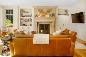 TV connectée, cheminée, livres, médiathÚque