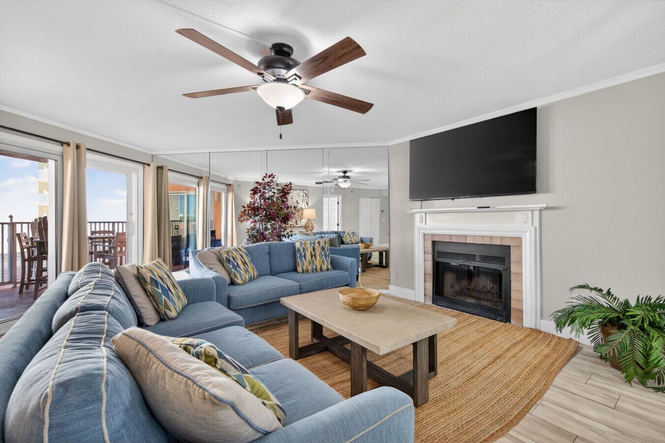 Smart TV, fireplace, books