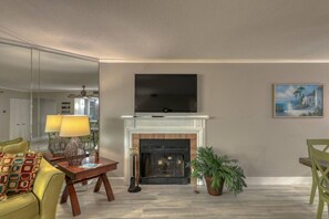 Smart TV, fireplace, books