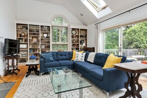 Smart TV, fireplace, books, stereo