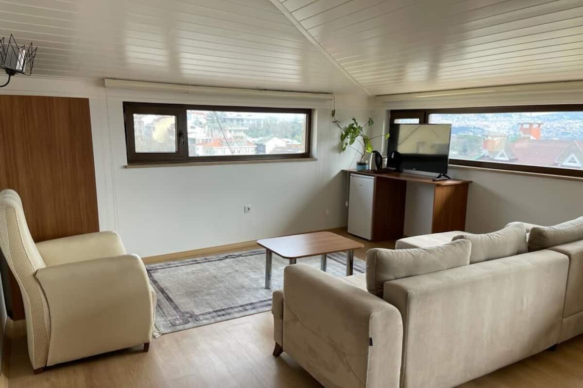 A living room with a sofa, armchair, and a TV on a wooden stand.