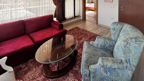 Una sala de estar con un sofá rojo, un sillón estampado, una mesa de centro de vidrio y vistas a través de una ventana con cortinas.