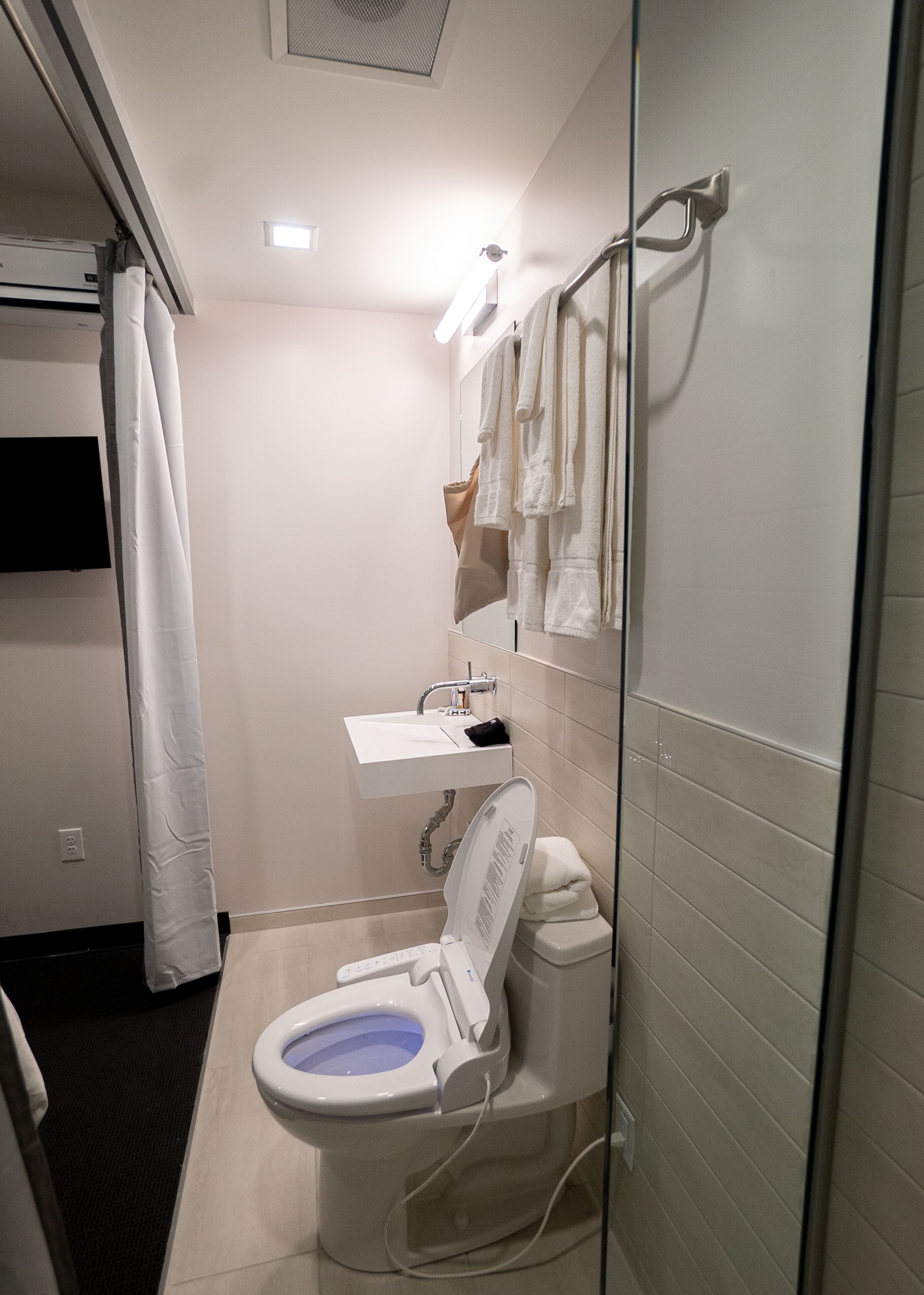 A modern bathroom with a toilet, sink, and shower area.