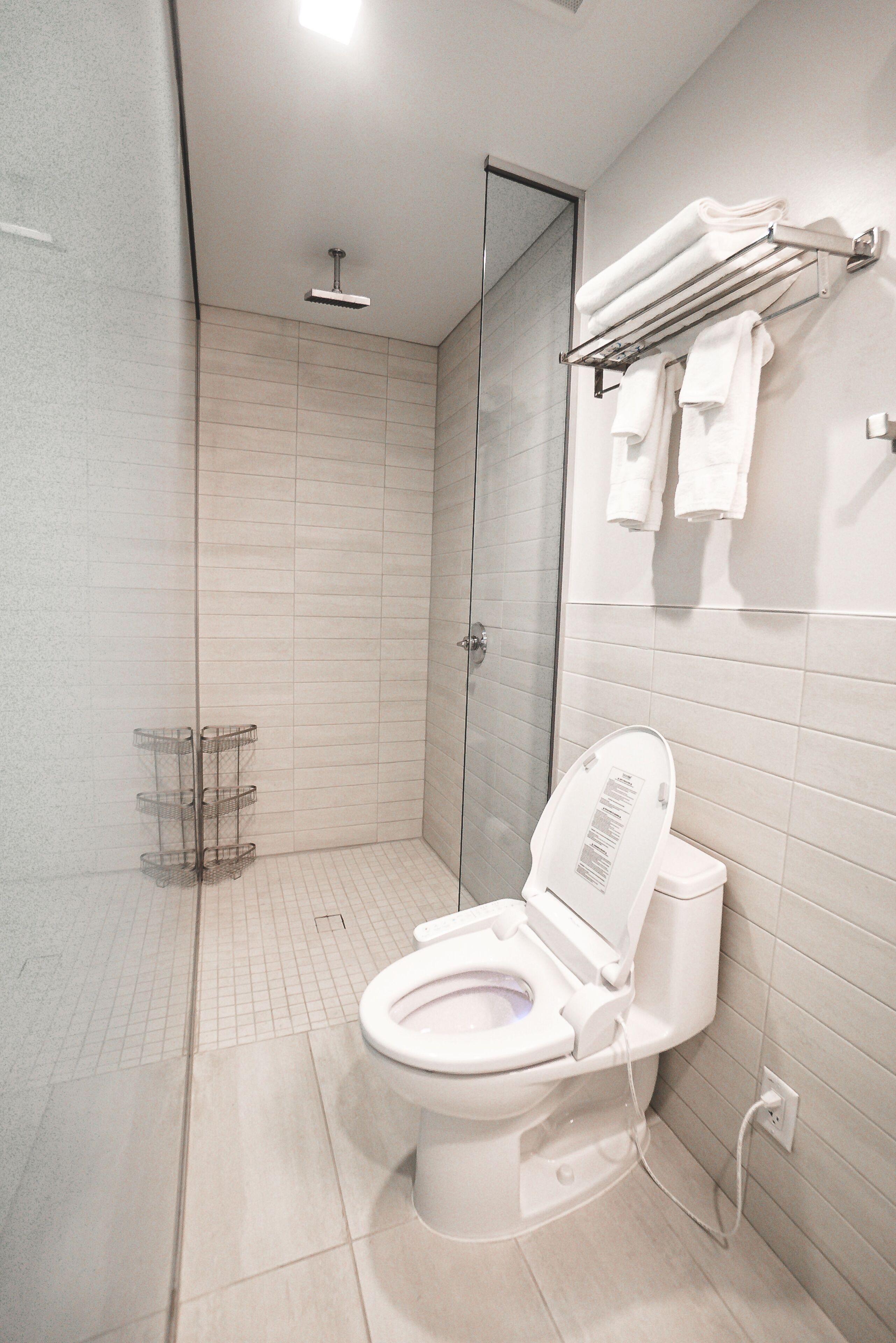 space cabin | bathroom | shower, rainfall showerhead, hair dryer, electronic bidet