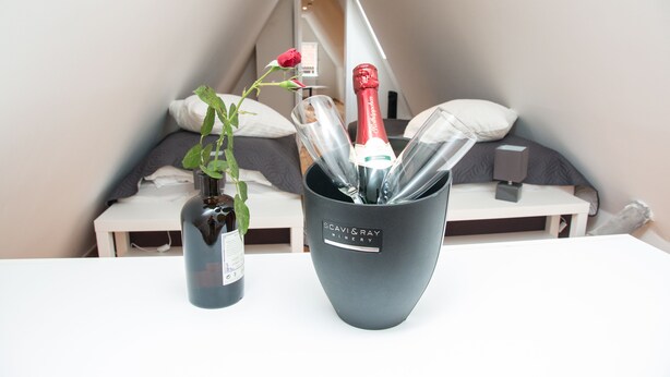 Una habitación con una cama blanca, una mesita, un florero con una planta y un balde con botellas de vino.