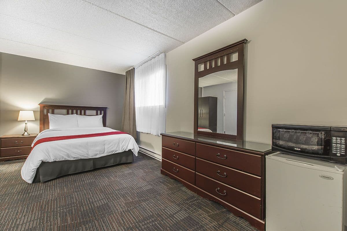 A hotel room with a bed, a dresser, a mirror, a microwave, and a nightstand with a lamp.