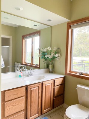 Duschwanne, Handtücher, Seife, Toilettenpapier