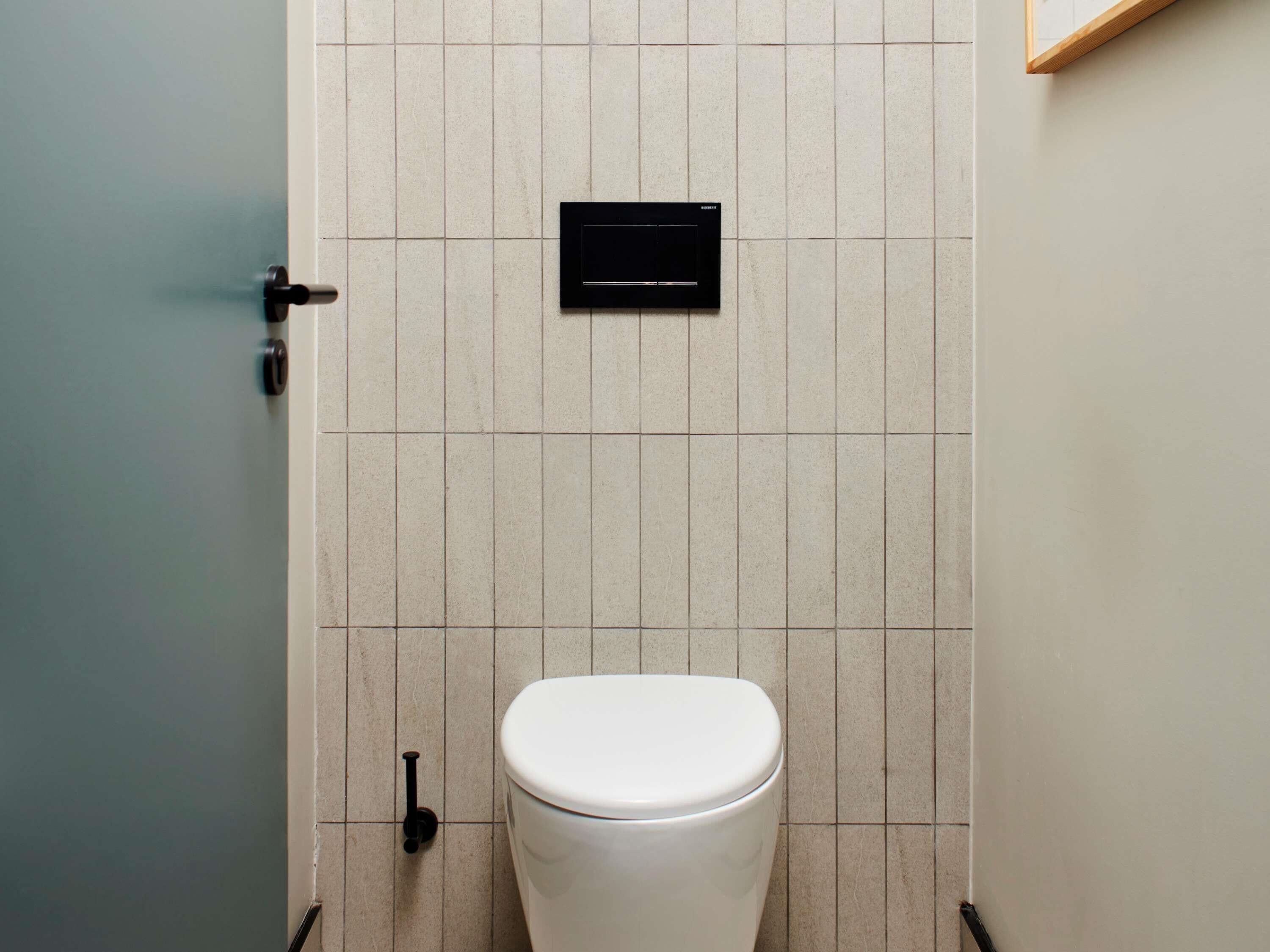 A small, modern bathroom with a white toilet, a black flush handle, and a wall-mounted flush plate.