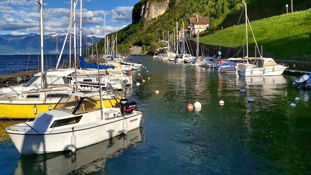 A marina with boats docked, a mountainous backdrop, and a clear sky.