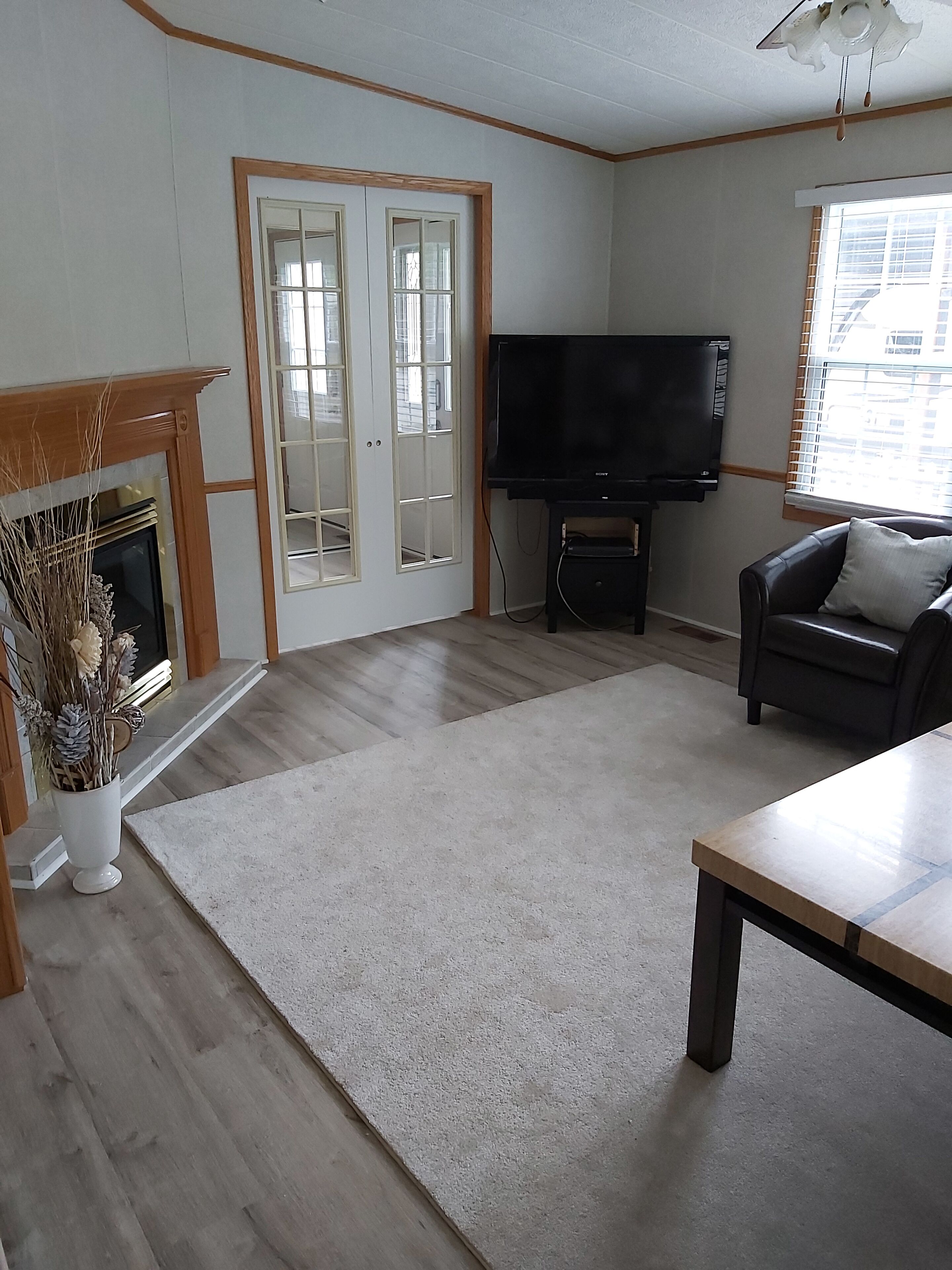 Télévision, cheminée, chaîne hi-fi