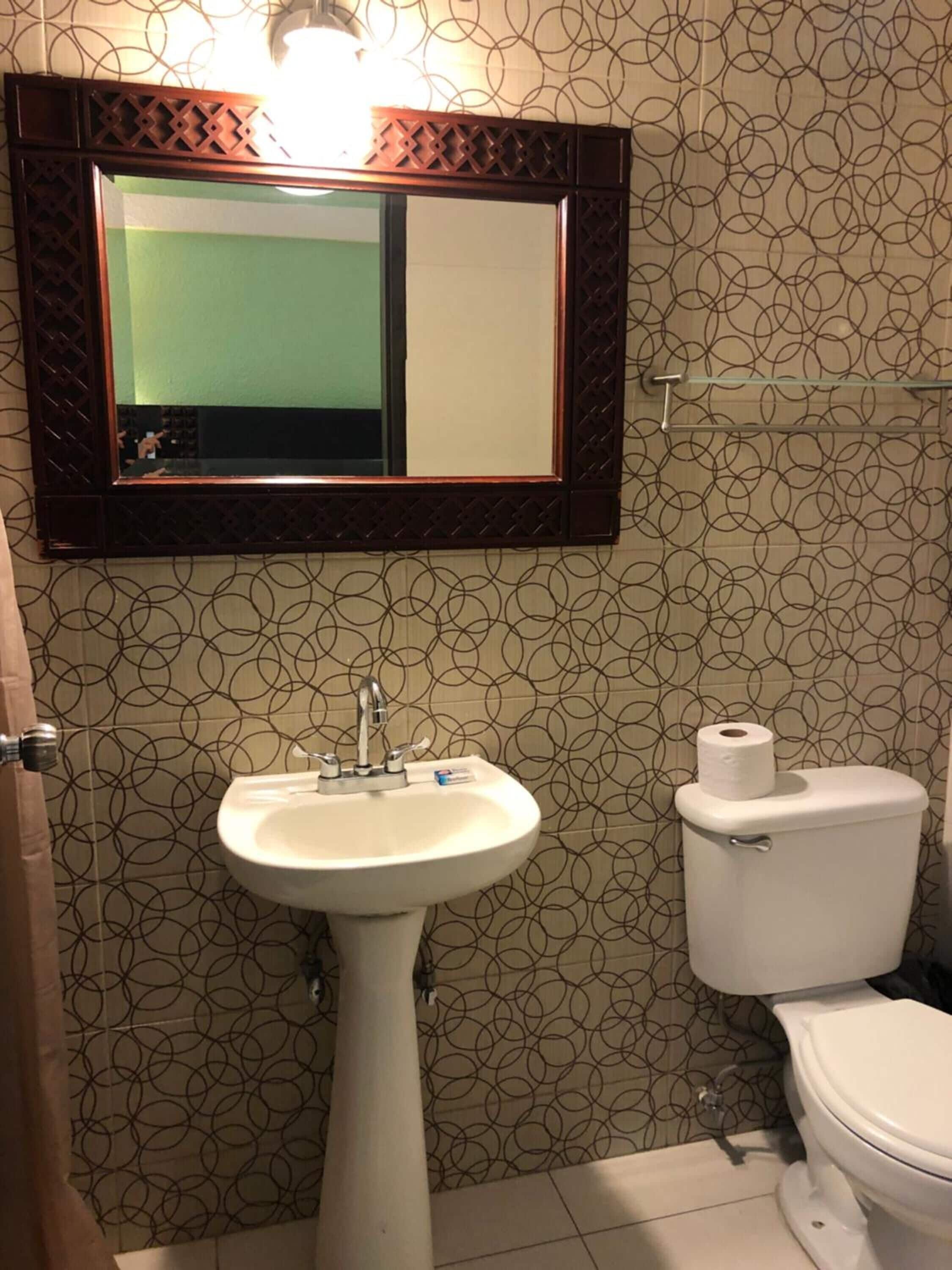 Un bagno con un lavandino bianco, un water e uno specchio con cornice decorativa.