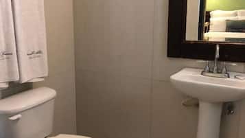 Un baño con inodoro, lavamanos y espejo.