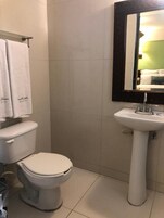 Un baño con inodoro, lavamanos y espejo.