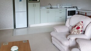 Ett kompakt bostadsutrymme med ett litet kök, en soffa och ett soffbord.