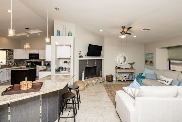 Smart TV, fireplace, video games, offices